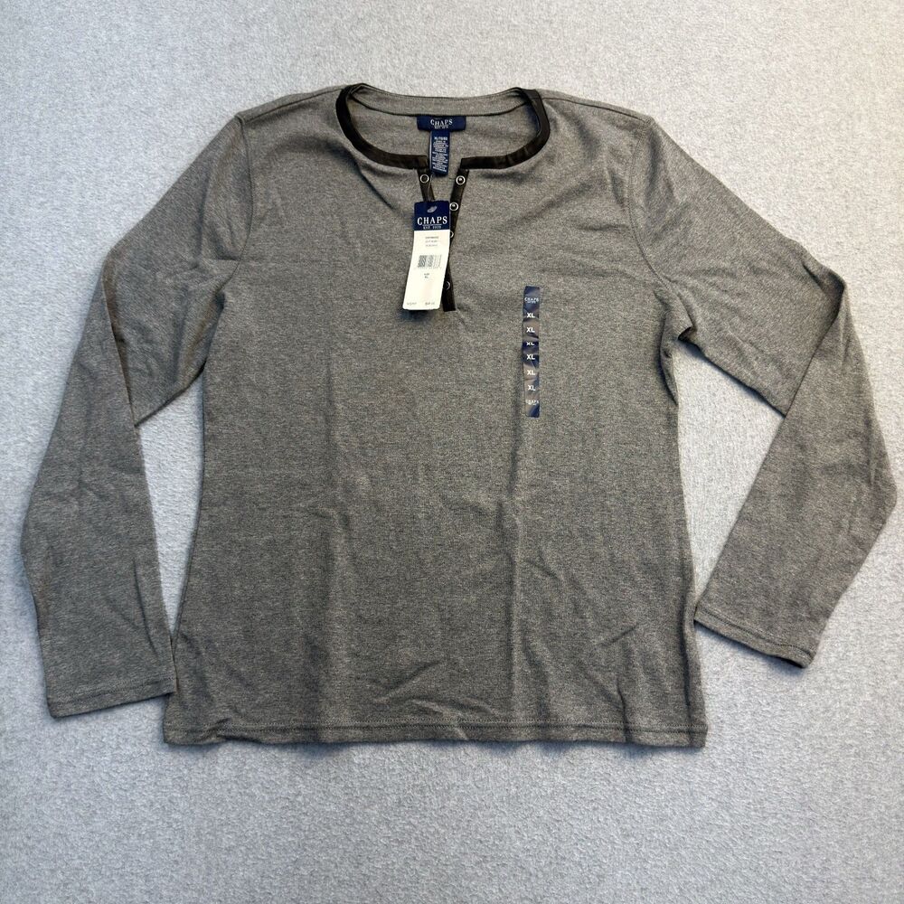Chaps Top Womens XL Weldon Gray Heather Faux Leather Trim Keyhole Neck NWT